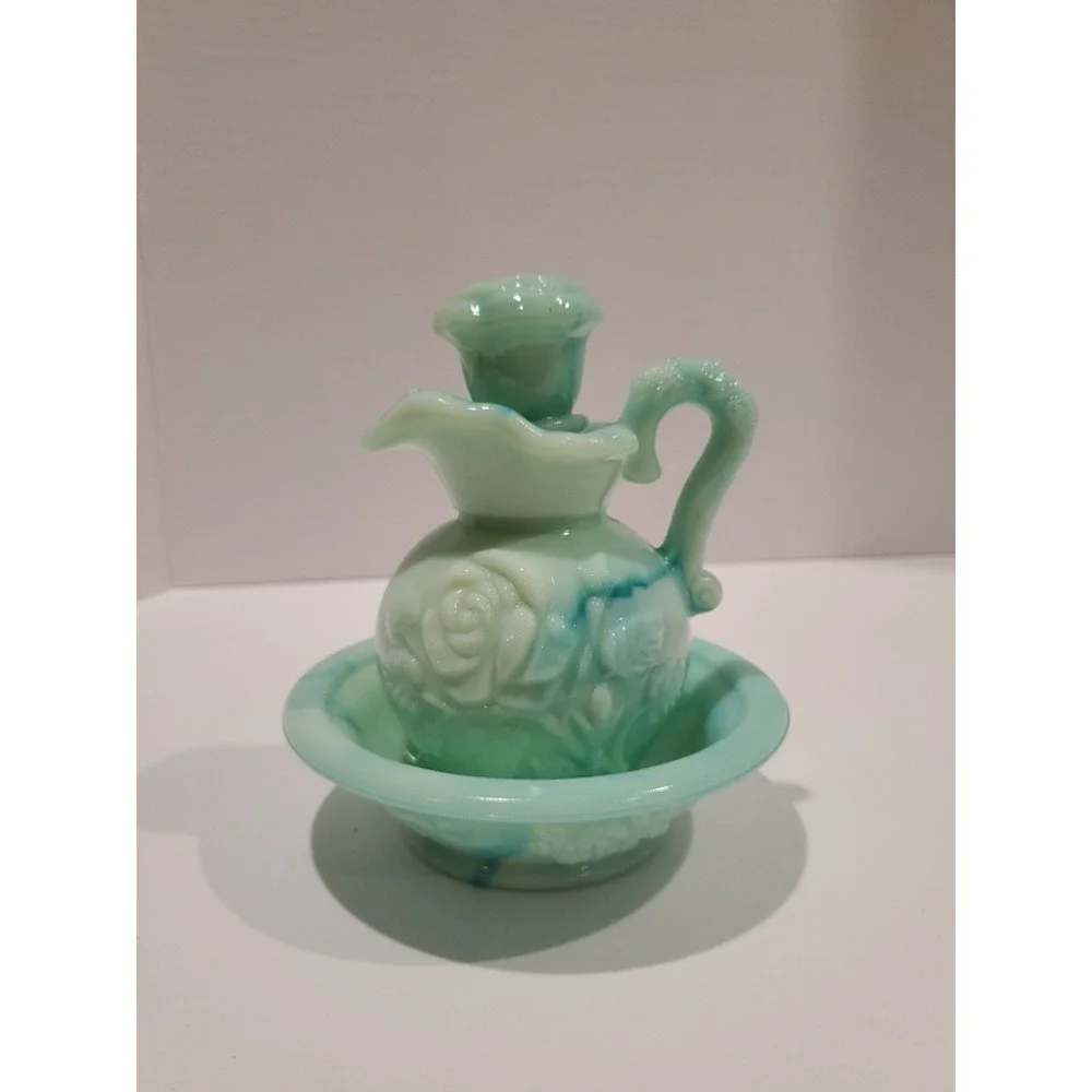 Vintage AVON Turquoise Green Milk Glass Cruet W/Embossed Rose Pattern & Stopper